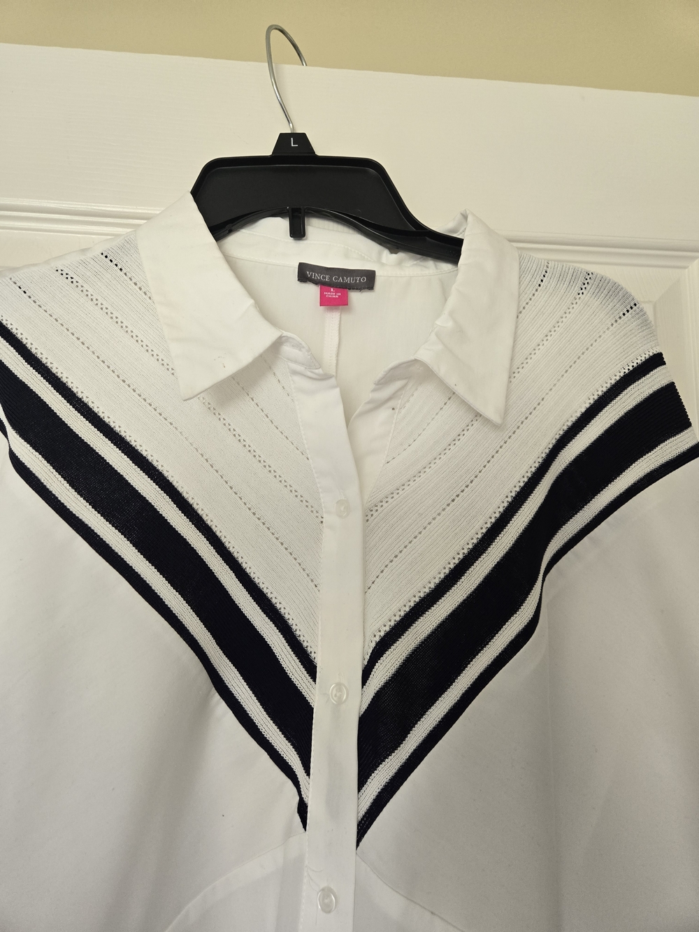 Vince Camuto White Button-Down with Navy Chevron Knit Yoke